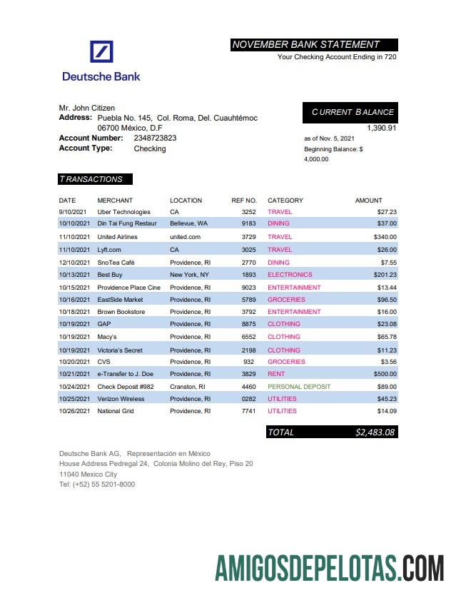 Extrato em branco do México Deutsche Bank Modelo fácil de preencher em formato Excel e PDF